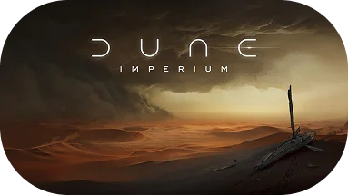 Doos van het bordspel Dune met minimalistische sci-fi vormgeving.
