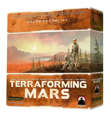 Doos van het bordspel Terraforming Mars met afbeelding van kolonisatie op Mars.
